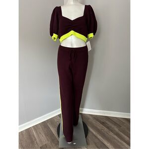 NWT For Love & Lemons Cropped Top And Sweatpant 2Piece Set Burgundy Large